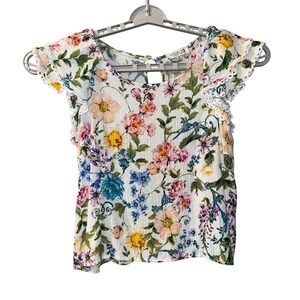 Rachel Zoe Top Womens M White Floral Ruffle Sleeve Keyhole Milkmaid Prairie Twee